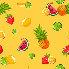 Summer vibe - seamless pattern of isolated cartoon illustrations on the theme of summer, vacation, exotic, tropics. Digital illustration for fabrics, wrapping paper, scrapbooking, backgrounds