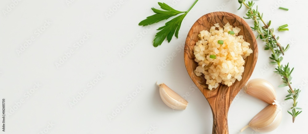 Aufkleber wooden ladle with minced garlic on a white desk with a plain background, presenting a top view of th