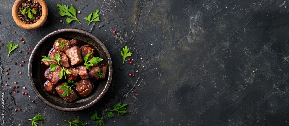 Poster Rustic top-view image of a chicken liver confit, a delectable appetizer or snack on the table with copy space in the background.