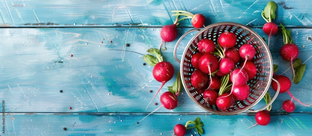 Poster top view of fresh radishes in a colander on a blue board with copy space image.