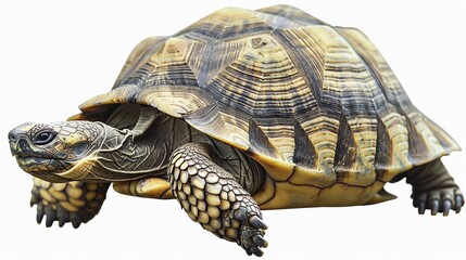 Fototapeta premium Snuggly tortoise slowly crawling, detailed and isolated on white, available for wildlife conservation or pet care themes