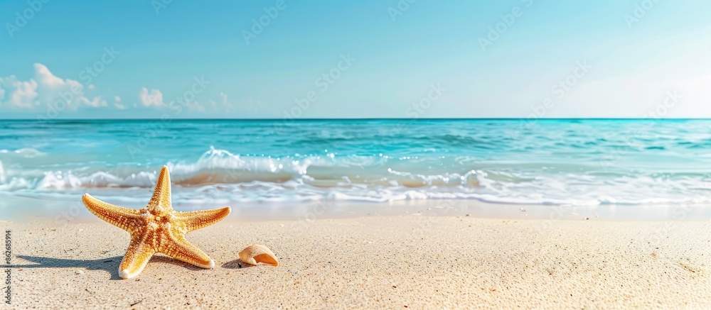 Poster starfish lying on the sandy shore with vast blue sea and clear skies in the background, creating a p