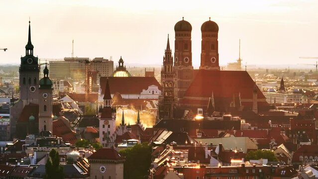 Scenic aerial of the landmark Frauenkirche in Munich, Germany
