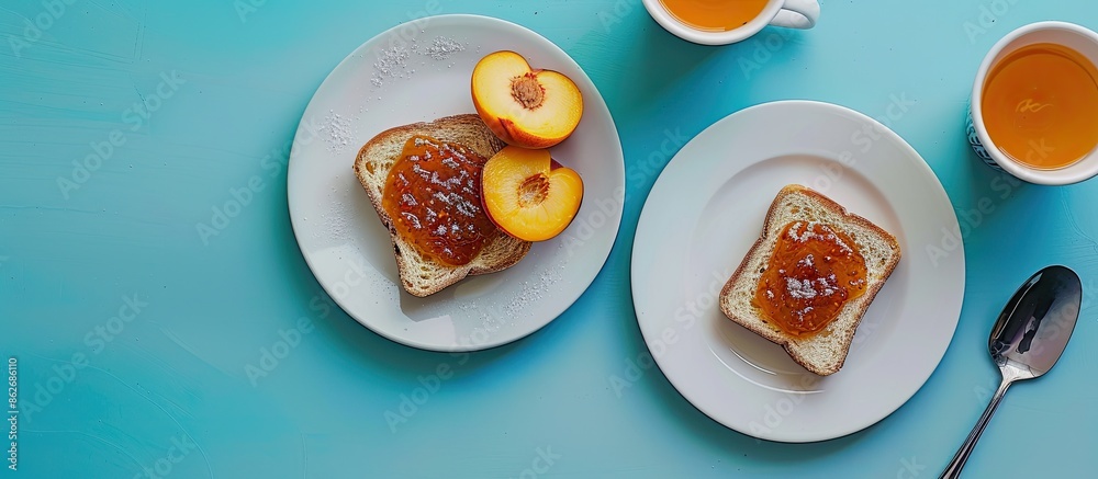 Fototapete Top view copy space image of a sweet breakfast featuring toast with peach jam on a blue background, creating a delightful and appetizing visual composition.