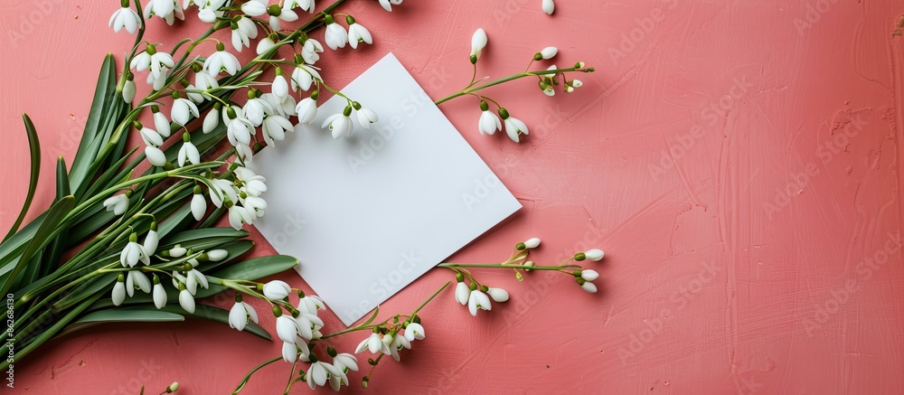 Poster snowdrops and a greeting card on a pink backdrop with copy space image.