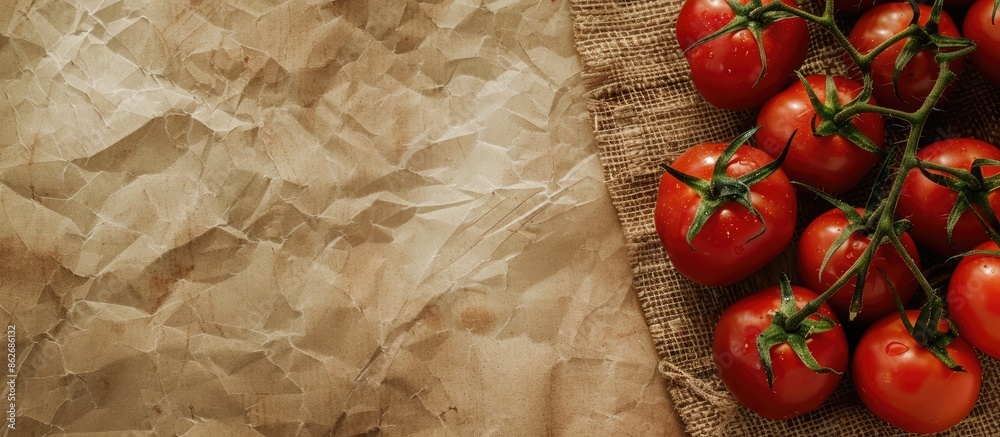 Poster top view of fresh red tomatoes on a rustic brown paper background with a burlap ribbon, perfect for 