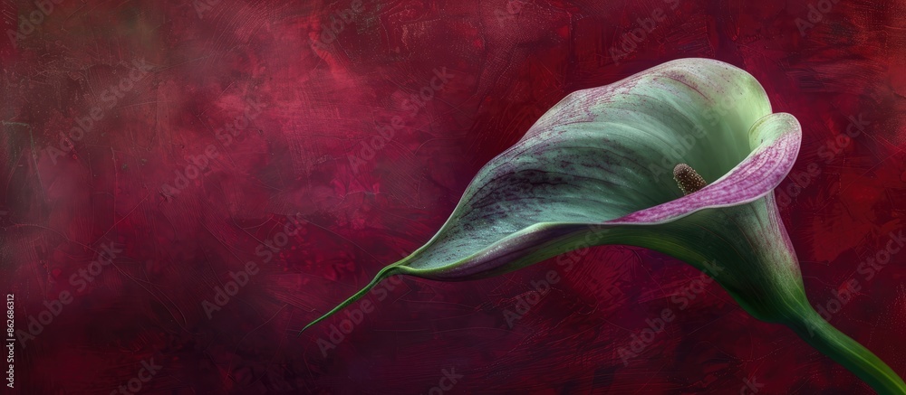 Aufkleber a single detailed textured pastel green and violet calla flower against a dark red background create