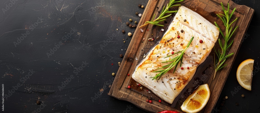 Poster halibut fish steak on a wooden board against a black background from a top view, featuring copy spac