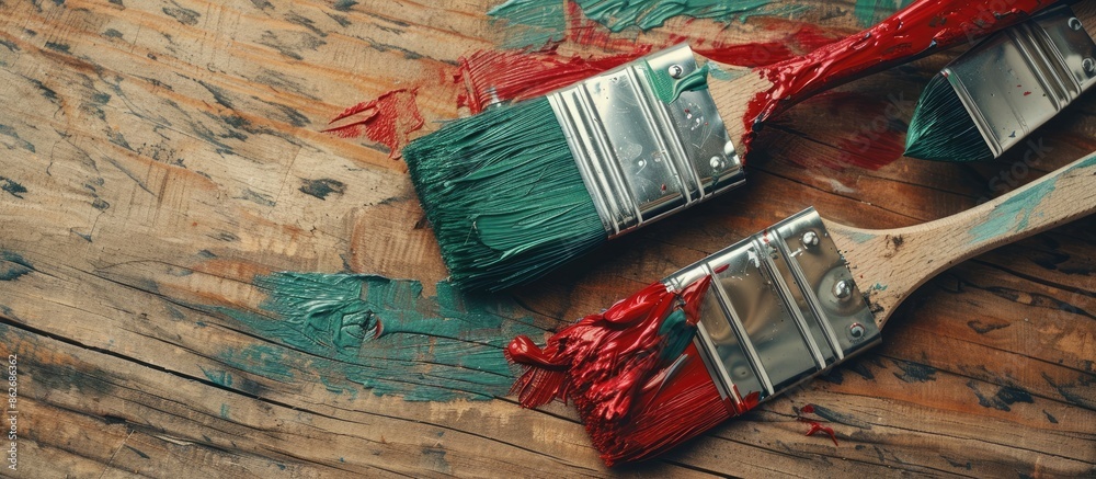 Poster close-up flat lay of red and green paint brushes on a wooden surface, conveying a design concept wit