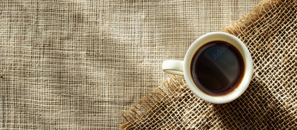 Aufkleber A coffee cup displayed on a textile surface with a blank area for additional visuals, such as text or images - copy space image.