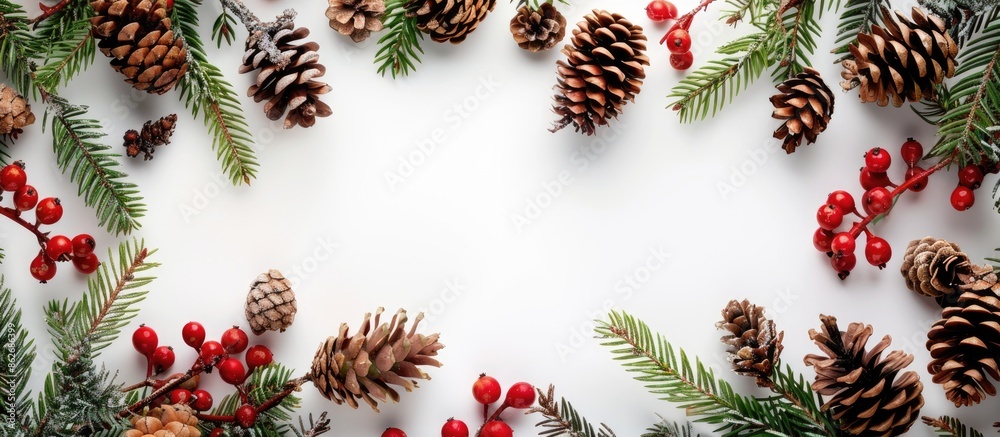 Leinwandbilder a christmas-themed green frame adorned with cones and holly berries set against a white background w