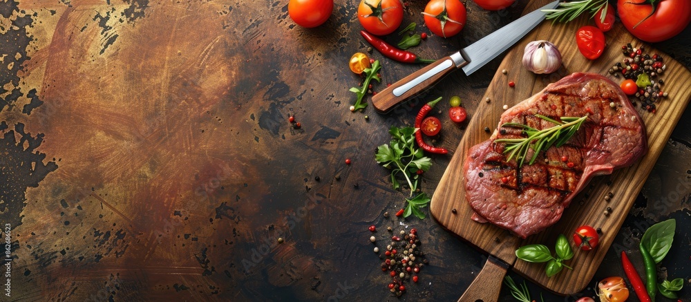 Poster fresh meat steak on cutting board with vegetables and herbs - selected focus in a ready-to-cook copy