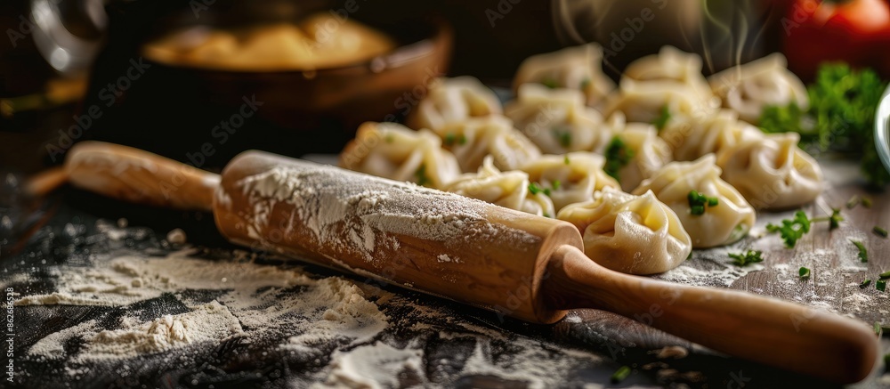 Aufkleber Raw dumplings being prepared with a rolling pin, meat, and a dark background for a cooking scene with copy space image integration.