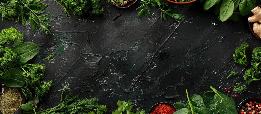 Poster a black chalkboard with a frame of spinach, dill, parsley, various spices, condiments, and a dark st