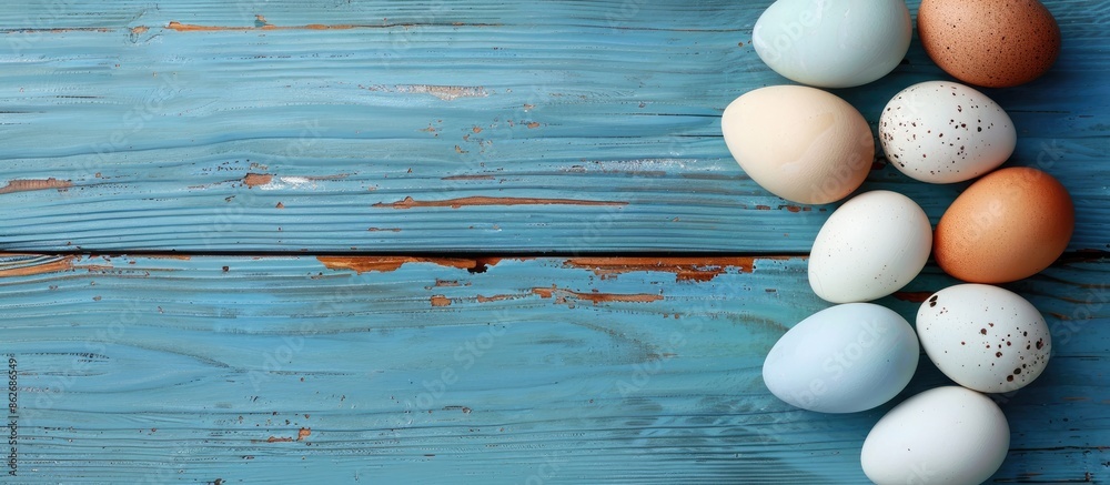 Poster elegant raw chicken eggs displayed on a rustic blue wooden backdrop with ample copy space image.