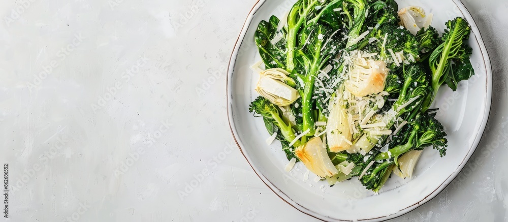 Fototapete roasted broccolini and cabbage topped with crispy parmesan cheese on a white background in a top-vie
