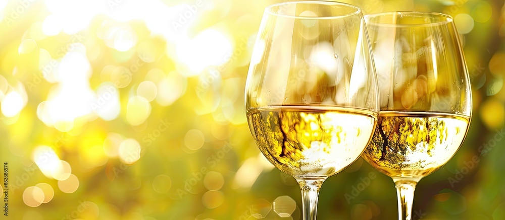 Fototapete Two glasses of white wine on a blurry background with empty space for text or images. Copy space image. Place for adding text and design