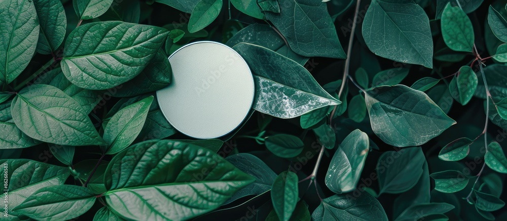 Poster Minimalist nature concept with a white round shape on a green leaf background, ideal for text or logo placement in a flat lay copy space image.