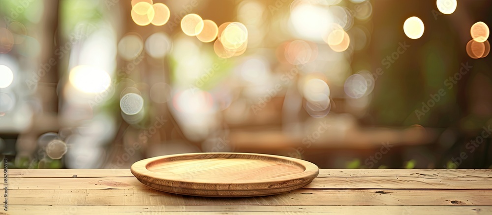 Aufkleber perfect for showcasing products: oak table or plate on wooden board with blurry bokeh background, al