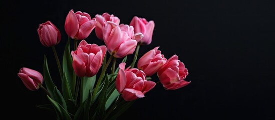 Pink tulips placed against a black backdrop create a lovely floral setting suitable for a postcard with copy space image.