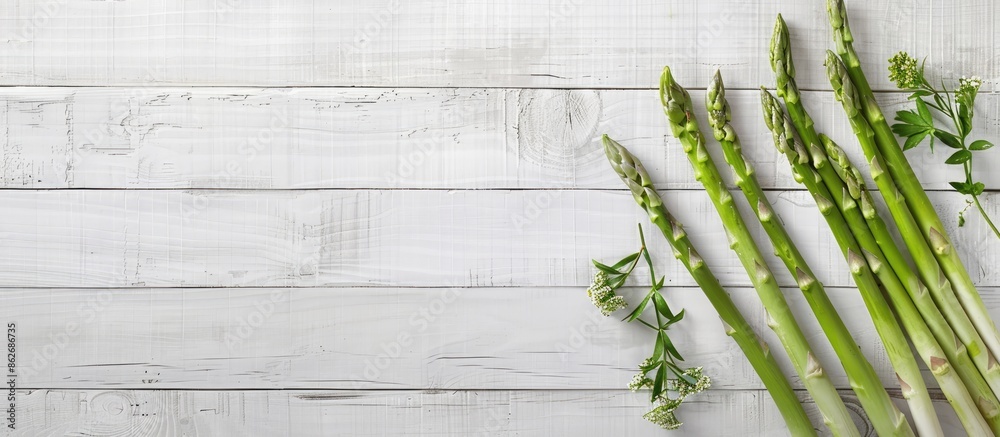 Aufkleber scandinavian-inspired top-down view mockup featuring fresh green asparagus on a white wooden table, 