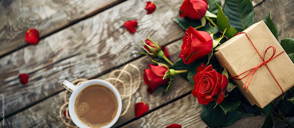 Poster valentine's day concept featuring a close-up of red roses and a gift box next to a coffee cup on a w