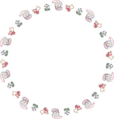 Cartoon cat chritmas wreath illustration on transparent background.