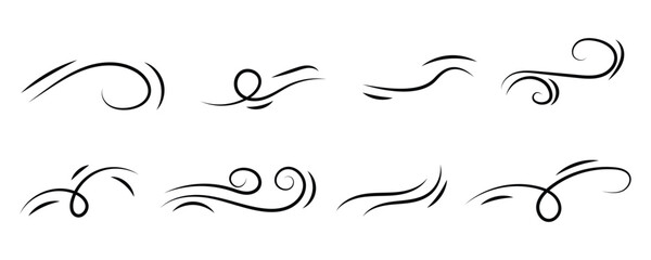 Doodle wind line sketch set. Hand drawn doodle wind motion, air blow, swirl elements. Sketch drawn air blow motion, smoke flow art, abstract line with background. 123.