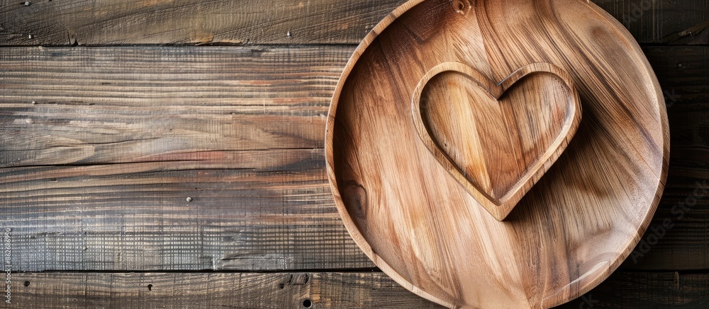 Poster top view of a heart-shaped wooden plate on a wooden background with copy space image.