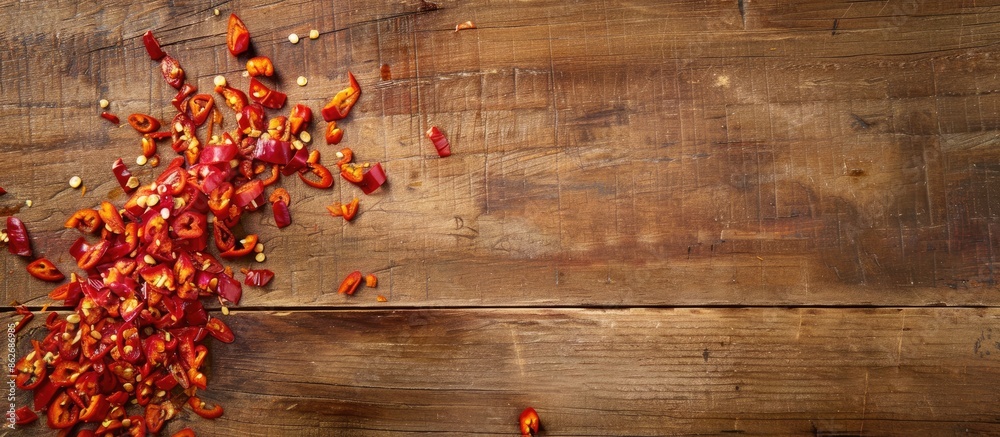 Poster View from above showing a scattering of chopped pepper on a wooden board with a close-up perspective and copy space image.