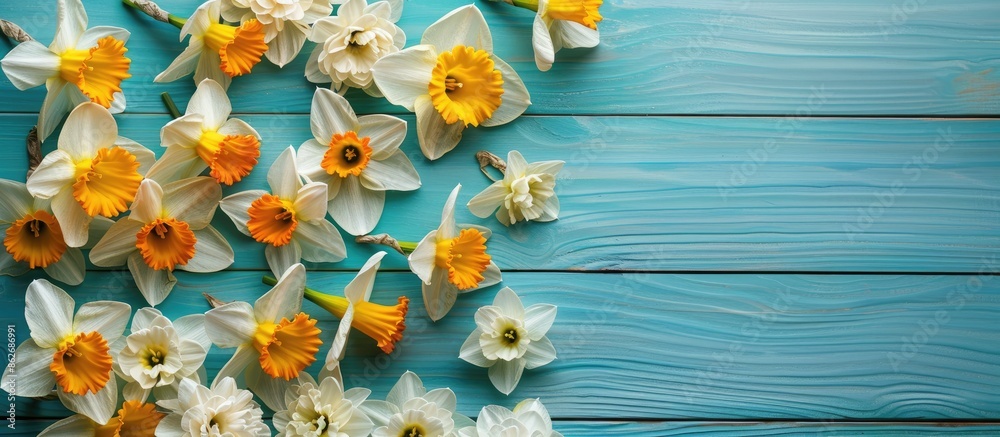 Poster Top down view of lovely daffodils arranged on a blue wooden surface with room for text in the image. Copy space image. Place for adding text and design