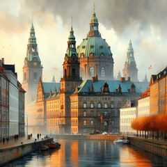 Architecture. Christiansborg Castle in Copenhagen in a strong whitish fog in the early morning in the distance.