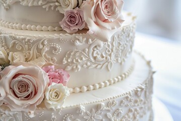 A close-up of a white wedding cake adorned with delicate sugar flowers and intricate piping. Generative AI