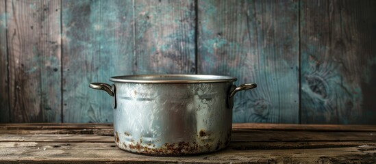 Fototapeta premium Vintage aluminum pot and metal cooking cauldron perfect for farmhouse decor and food photography props with copy space image.