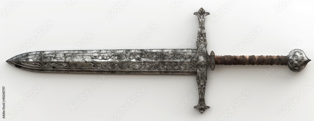 Wall mural worms-eye view of an old medieval foil sword, gleaming silver blade with intricate engravings, worn  - Wall murals