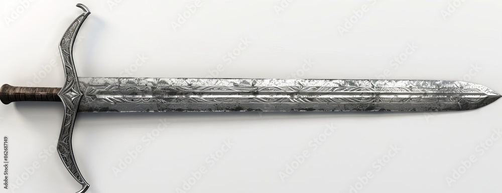 Wall mural Worms-eye view of an old medieval foil sword, gleaming silver blade with intricate engravings, worn leather handle, isolated on a stark white background