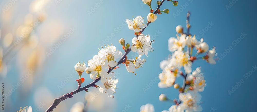 Poster plum tree blossoms against a backdrop of a clear blue sky with copy space image.