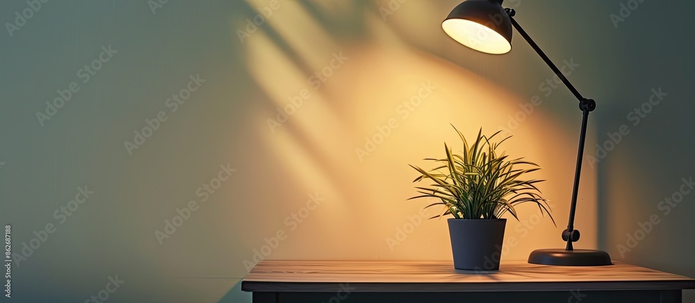 Poster Desk displaying a lamp and plant against a wall backdrop with copy space image.