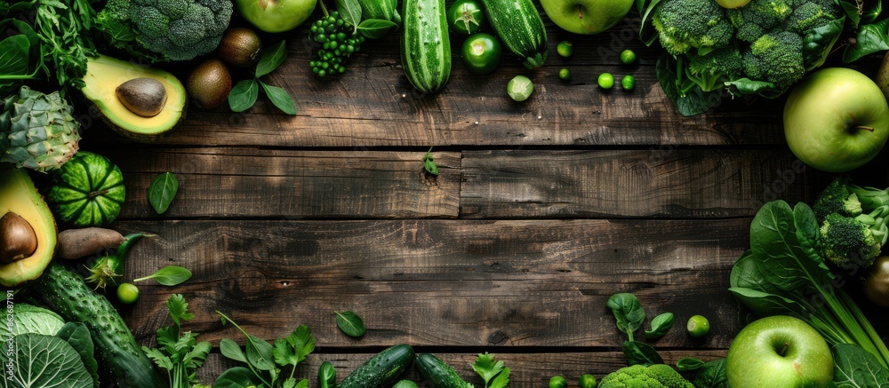 Poster green fruits and vegetables beautifully arranged on a wooden backdrop, creating a visually appealing