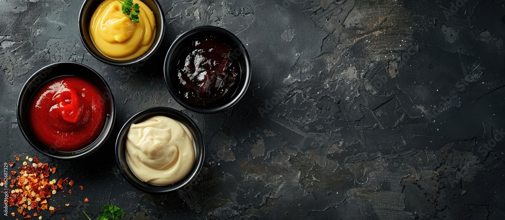 Poster various sauces such as ketchup, mayonnaise, and barbecue displayed on a dark stone concrete backdrop