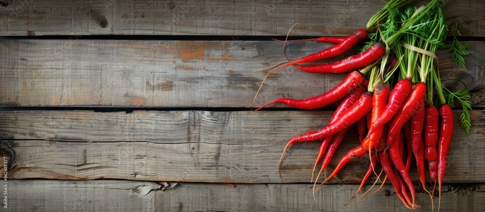 Poster Top view of red carrots on an aged wooden surface with room for text or other elements in the image. Copy space image. Place for adding text and design