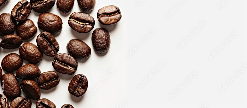 Poster coffee beans on a white background with copy space image.