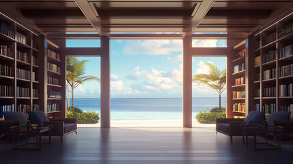 Fototapeta premium Family enjoying a relaxing library trip near the beach, kids exploring bookshelves, parents engaging in reading, photorealistic, peaceful and happy vacation vibes