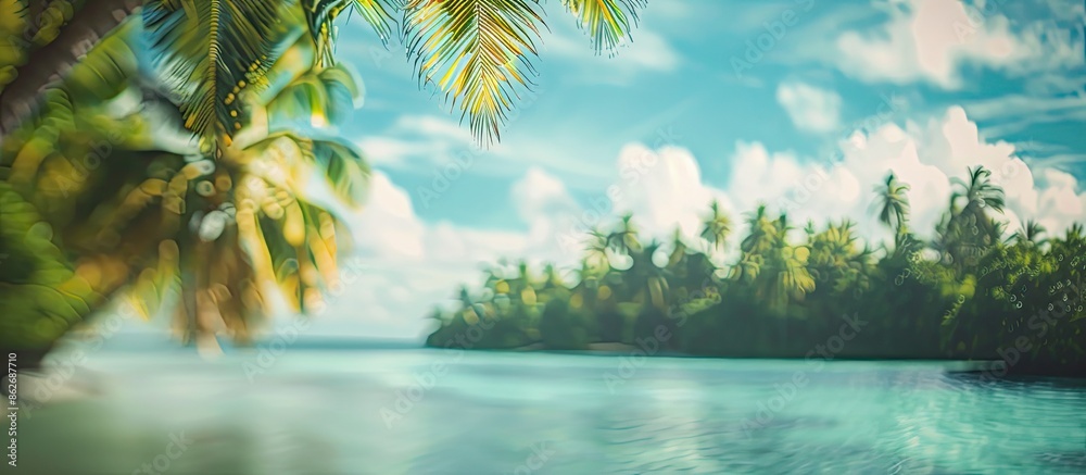 Aufkleber blurry background of a tropical island and lagoon in the cook islands with copy space image.