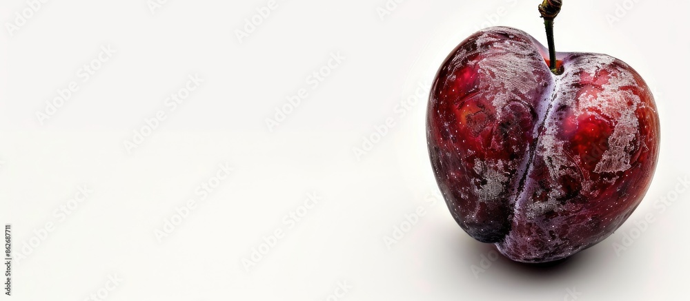 Aufkleber An unattractive, damaged plum resembling a heart shape displayed on a clean, white background with room for text or other elements in the image. Copy space image. Place for adding text and design
