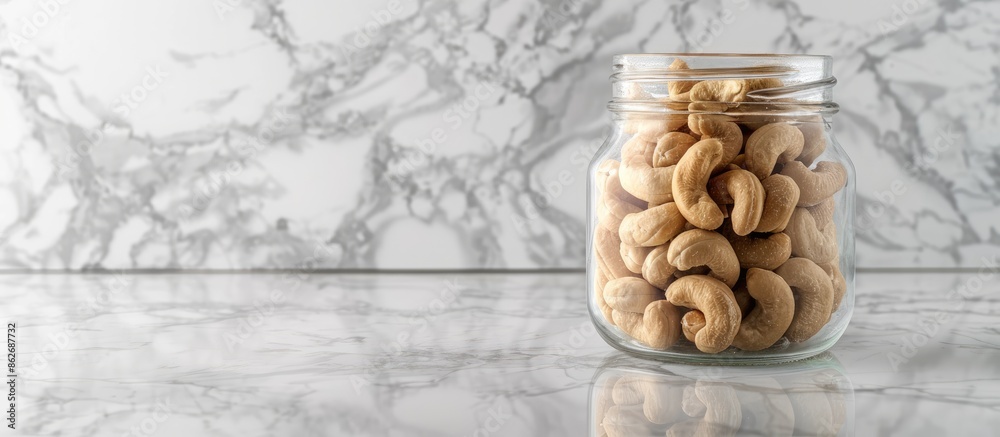 Poster Cashew nuts displayed in a clear glass jar on a marble countertop with ample copy space image.