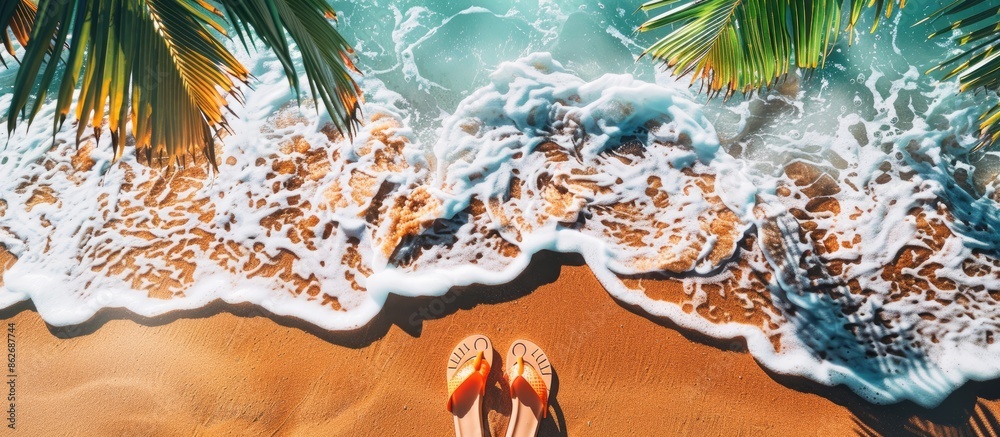 Fototapete Summer vibes with flip flops, evoking beach days and relaxation. Copy space image. Place for adding text and design