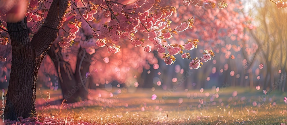 Aufkleber flowering cherry trees in full bloom with copy space image.