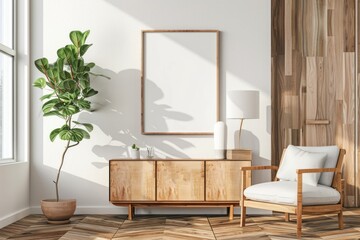 Picture frame mockups on wall furniture wood sideboard.