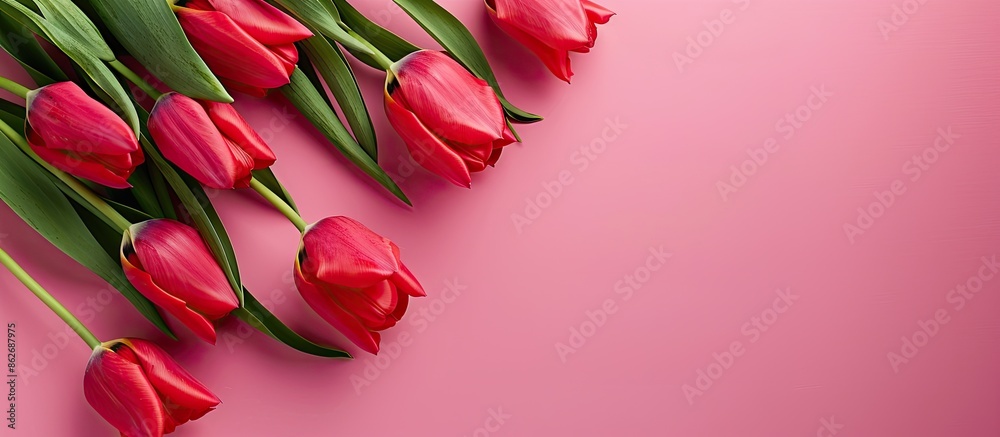 Aufkleber Top view of red tulips on a pink surface with space for text or other images. Copy space image. Place for adding text and design
